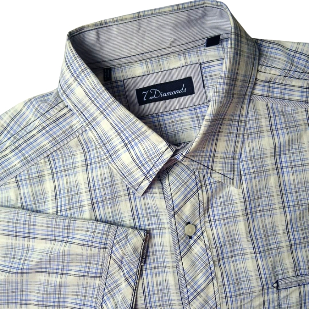 7 Diamonds 4 Way Stretch Shirt Mens White Blue Checkered Shirt Large‎